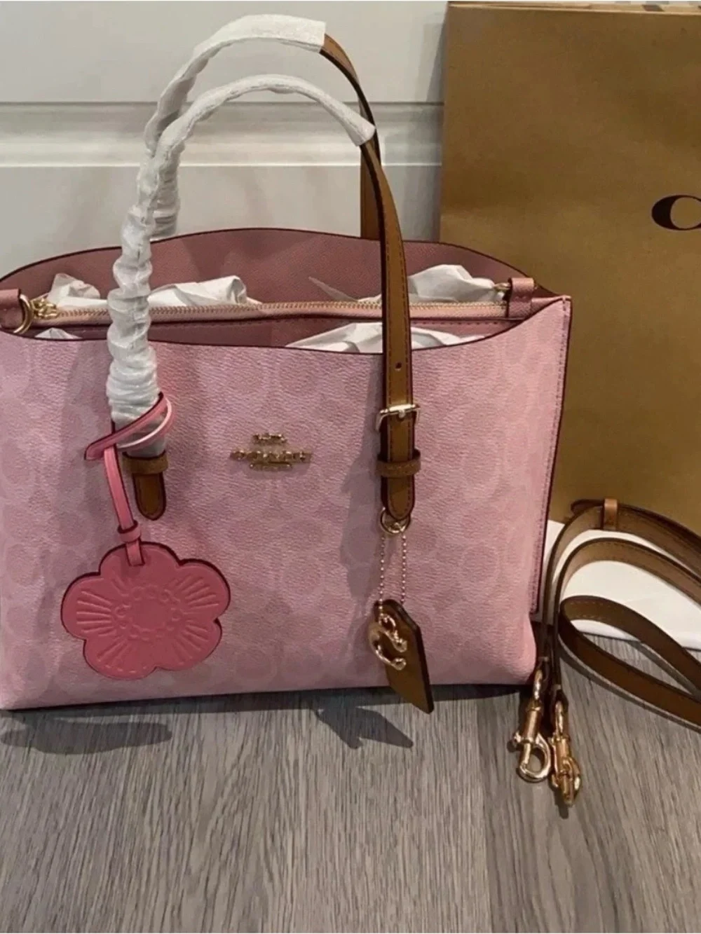 Coach Pink Signature Leather Shoulder Tote with Floral Charm